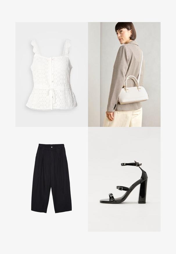 Weißes Spitzentop mit gewellten Trägern, Knopfverschluss vorne, Peplum-Saum und verstellbarem Bindeband in der Taille. Zartes Blumenmuster auf der gesamten Fläche.; Schwarze Polyester-Culotte mit einem elastischen Bund, zwei vorderen Falten und einer lockeren Silhouette. Keine sichtbaren Muster oder Hardware-Details.; Schwarze patentierte Sandalen mit Absatz, quadratischer Spitze, Knöchelriemen und silbernen Schnallen. Mit einem stabilen Blockabsatz für mehr Stabilität.; Weiße strukturierte Handtasche mit kurzen Griffen und einem Schultergurt, ausgestattet mit goldfarbenen Hardware-Elementen und strukturiertem Material, vor einem grauen Hintergrund präsentiert.
