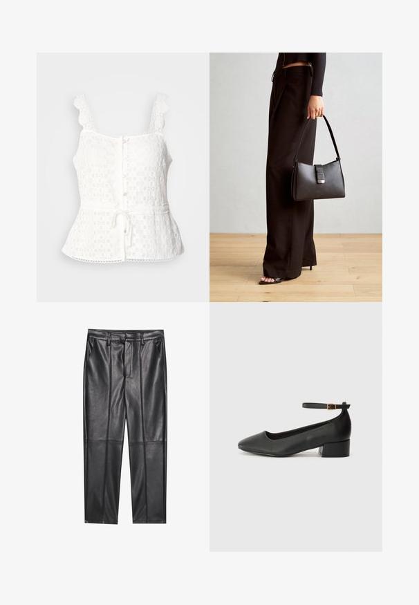 Valge pitstop, millel on lainelised rihmad, nööpidega esikinnitus, peplum alläär ja reguleeritav seotud vöökoht. Õrn lillemustrit üle kogu. ; Mustad nahkpüksid sileda tekstuuriga, sirge lõikega, kahe eesmine taskuga ja nähtavate õmblusteta.; Must mustaapp, millel on terav nina ja madal blokk-kand. Omab pahkluu rihma koos kuldse tooni pandlaga. Sile tekstuur.; Must musta kott, millel on struktureeritud kuju, sile tekstuur ja metallist klamber. Kombineeritud laiate mustade pükstega ja avatud varvaste sandaalidega puidust põrandal.