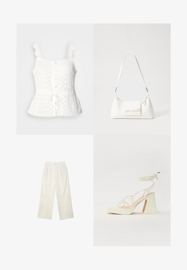 Top bianco in pizzo con spalline ondulate, chiusura anteriore con bottoni, orlo peplum e cintura regolabile in vita. Delicato motivo floreale su tutta la superficie.; Pantaloni a gamba larga in tessuto crema con una texture liscia, caratterizzati da un singolo bottone frontale, pieghe sottili e un design a vita alta.; Sandalo bianco con tacco alto, caratterizzato da un design a cinturini e un legaccio alla caviglia. Texture liscia con una piattaforma frontale per un'altezza aggiuntiva.; Borsa sintetica bianca a forma triangolare, con patta anteriore piatta e dettaglio a fiocco, tracolla regolabile, texture liscia e design minimalista.