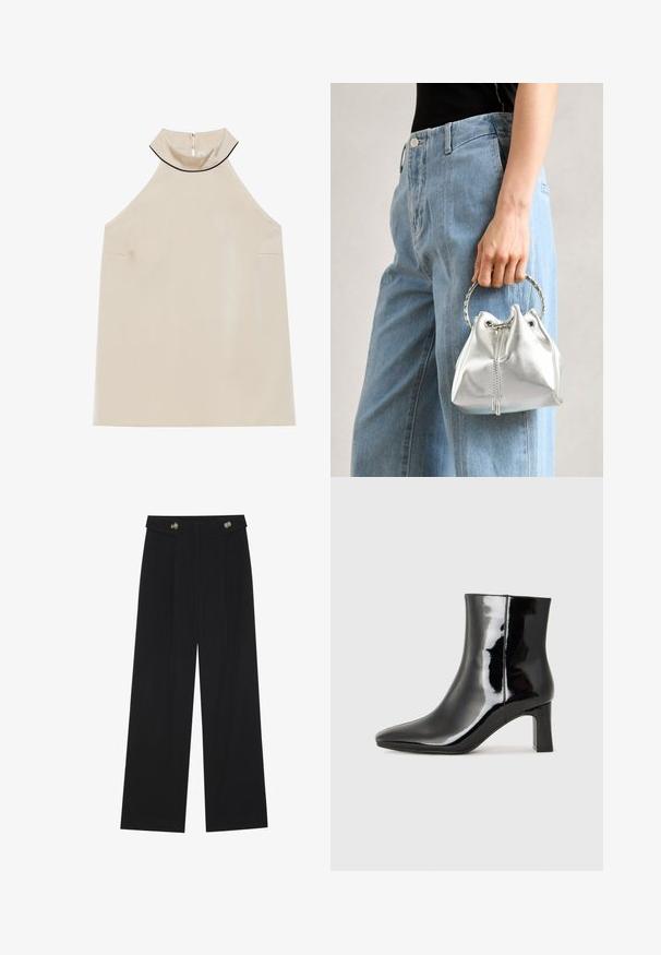 Beige ujjatlan, nyakpántos felső sima anyagból, magas gallérral és hátsó cipzárral, minimalista dizájnnal és látható minták nélküli kivitelben.; Fekete, bő szárú nadrág magas derékkal, gombos részletekkel a derékrészen és elülső pliszékkal.; Fekete lakk bőrcipő bokáig érő, hegyes orral és közepes magasságú tömbsarokkal. Simább textúrával és minimalista dizájnnal rendelkezik.; Fémes ezüst színű vödör táska, texturált felülettel, ezüst kerek füllel és húzózárral, világoskék farmer mellett tartva.