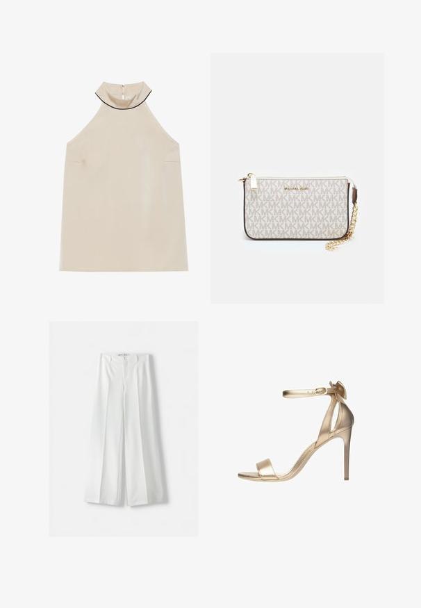 Beige ärmelloses Halsbandoberteil aus glattem Stoff mit hohem Kragen und einem Reißverschluss auf der Rückseite, das ein minimalistisches Design ohne sichtbare Muster aufweist.; Bershka WIDE-LEG TAILORED - Stoffhose - white; Goldfarbene metallische High-Heel-Sandale mit dünnem Knöchelriemen, offenem Zehenbereich und glatter Textur. Mit einer zarten Schleifenakzent am Absatz.; Michael Kors Clutch in beige beschichtetem Canvas mit einem wiederholten MK-Logo-Muster, goldfarbener hardware und einem abnehmbaren Kettenriemen.