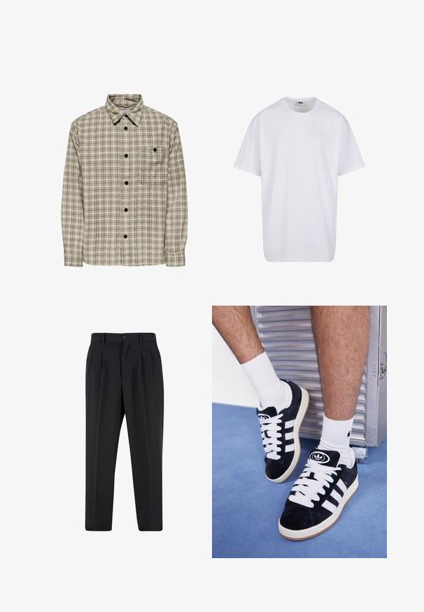 Rutig button-up skjorte med et beige og mørkegrønt ternet mønster, lange ærmer, krave og en enkelt brystlomme med en knap.; Hvid bomulds t-shirt med korte ærmer, rund halsudskæring, afslappet pasform, og ingen synlige logoer eller mønstre. Glat tekstur og minimalistisk design.; Sorte bukser med plisseret frontdesign, lavet af glat stof. Har knaplukning og bæltestropper; lige pasform.; Sorte ruskinds sneakers med hvide snørebånd og tre hvide striber. Har et rundt sort logo på tungen og en gummigummisål.