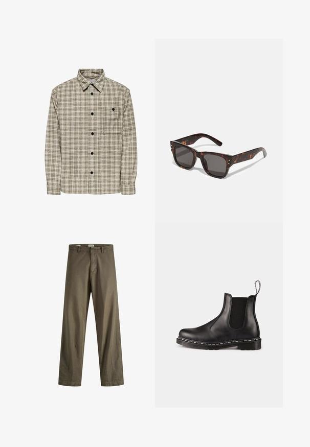 Kariertes Hemd mit Knopfleiste in beigem und dunkelgrünem Muster, langen Ärmeln, Kragen und einer einzelnen Brusttasche mit Knopf.; Olivgrüne Baumwollhose mit geradem Schnitt, ausgestattet mit einem Reißverschluss, Knopfverschluss und seitlichen Taschen. Glatte Textur und minimale Details.; Schwarze Leder-Chelsea-Stiefel mit elastischen Seitenpaneelen, abgerundeter Zehenpartie, Ziehschlaufe, weißer Naht an der Sohle und strukturiertem Gummiaußensohle.; Sonnenbrille aus Schildpatt mit dunklen Gläsern, quadratischem Rahmen und silbernen Akzentnieten auf der Vorderseite. Aus Kunststoff, leicht und langlebig.