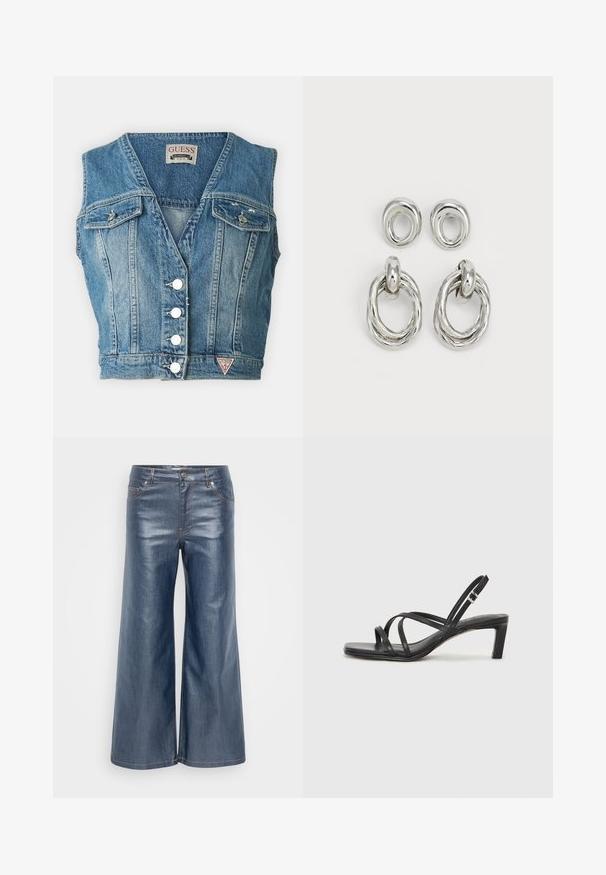 Guess EVA - Débardeur - on the side; Pantalons en denim à jambes larges de couleur bleu foncé, présentant une texture lisse, un design à cinq poches et des coutures contrastées. Fermeture par bouton et zip à l'avant.; Sandale noire à lanières avec un bout carré et un petit talon bloc. Elle présente plusieurs fines lanières et une sangle de cheville ajustable. Fabriquée en cuir lisse.; Boucles d'oreilles en métal ton argent, comprenant deux modèles : un anneau circulaire torsadé et un clou circulaire lisse. La surface réfléchissante renforce l'élégance.