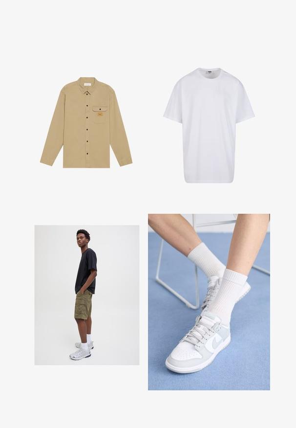 Camicia beige a maniche lunghe realizzata in cotone, con colletto button-down, bottoni neri, tasca sul petto e etichetta con marchio sulla tasca.; Maglietta bianca in cotone con maniche corte, scollatura rotonda, vestibilità comoda e senza loghi o motivi visibili. Texture liscia e design minimale.; T-shirt nero a maniche corte, pantaloni cargo verde oliva con tasche, calzini bianchi alla caviglia e scarpe da ginnastica argento, in piedi contro uno sfondo neutro.; Sneaker bianche con accenti azzurri, tomaia in pelle, punta perforata, lacci spessi e calze bianche a coste su sfondo blu.
