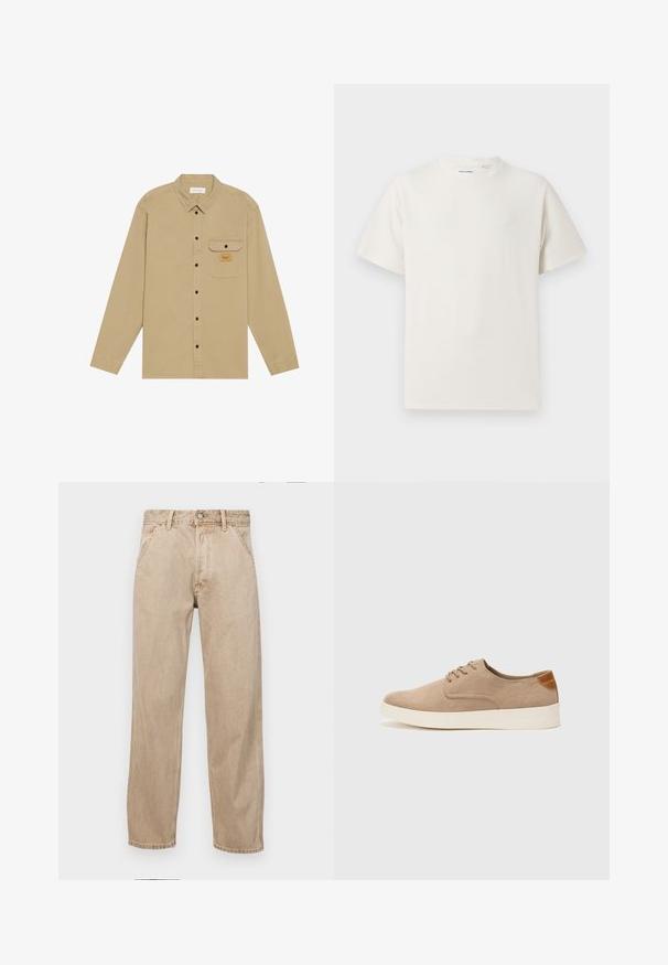 Beige long-sleeve shirt made from cotton, featuring a button-down collar, black buttons, a chest pocket, and a branded label on the pocket.; White short-sleeve T-shirt in a ribbed texture. Round neckline, relaxed fit, no visible patterns or accents. Simple and versatile design.; Beige denim jeans with a straight leg design, featuring front pockets, a metal button closure, and subtle texture.; Beige suede sneakers with a rounded toe, lace-up front, and a textured back accent. White rubber sole provides contrast. Simple and modern design.