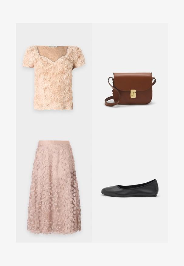 Ida Sjöstedt LOUISE - Blūze - light beige; Mežģīņu midi svārki maigā pinka krāsā ar ziedu izšuvumu, ar pieguļošu vidukļa līniju un slāņainu dizainu, izceļot smalku tekstūru.; Melna ādas baleta kurpe ar noapaļotu purngalu, gludu tekstūru, minimālu šuvju detalizāciju un elastīgu zoles dizainu.; Bordo ādas rokas soma ar atloku, zeltītām detaļām, plecu siksnu un gludu virsmu. Kompakta, taisnstūrveida forma.