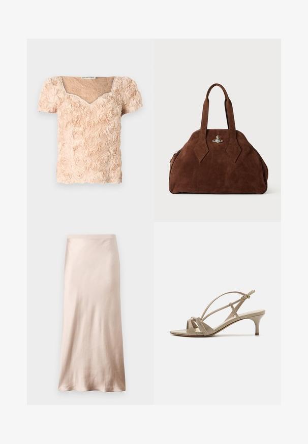 Ida Sjöstedt LOUISE - Blūze - light beige; Satin midi svārki gaiši bežā krāsā, ar pieguļošu jostas daļu, gludu tekstūru un izplatītu apakšmalu, bez redzamām rotājumām vai kabatām.; Bežīgas patentētas ādas sandaļi ar papēžiem, kas piedāvā krustveida siksniņas, atvērtu purngalu un šauru, vidēja augstuma papēdi ar gaiši brūnu zoli.; Brūns zamšādas rokassoma ar strukturētu formu, noapaļotu korpusu un pagarinātām dimanta formas rokturiem. Aprīkota ar sudraba krāsas aizdari.