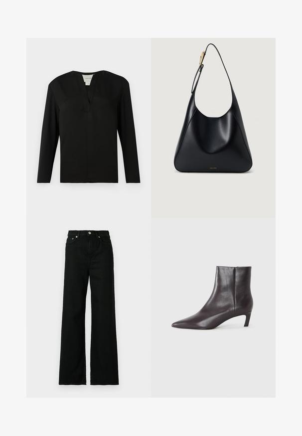 Juodas ilgomis rankovėmis viršus, pagamintas iš lygios medžiagos. Su iškirpte ir minimalistišku dizainu, tiesiogine forma ir be dekoracijų.; Juodos džinsinės kelnės su aukštu liemeniu, plačiomis kojomis, su priekiu užsegamomis mygtuku ir užtrauktuku, bei klasikinio penkių kišenių dizainu.; Juodas odinis kulkšninis batai su smailu nosimi ir žemu katės kulnu, lygus paviršius, šoninė užtrauktuko sistema, rodomas neutralioje fone.; Juodas odinis pečių krepšys su lygiu paviršiumi, kreiviu siluetu ir auksinės spalvos detalėmis. Pagrindinėje dalyje yra išgraviruotas prekės ženklo logo.