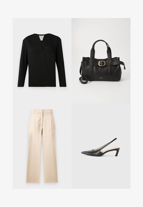 Schwarzes Langarmshirt aus glattem Stoff. Verfügt über einen Ausschnitt mit Schlitz und ein minimalistisches Design mit geradem Schnitt und ohne Verzierungen.; Beige Hose aus glattem Stoff. Mit geradem Schnitt, flachem Bund und zwei Falten. Keine sichtbaren Muster oder Beschläge.; Schwarzer spitz zulaufender Slingback-Schuh mit niedrigem Absatz, der aus glattem Leder gefertigt ist und seitliche Ausschnitte für Atmungsaktivität aufweist.; Schwarze Lederhandtasche mit strukturiertem Design, doppelten oberen Griffen, goldfarbenem Schnallenakzent und geprägtem Markenlogo auf der Vorderseite.