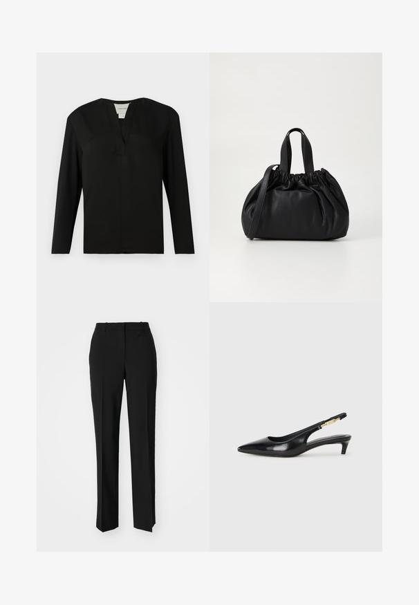 Fekete, hosszú ujjú felső sima anyagból. Különlegessége a kivágott dekoltázs és a minimalista dizájn, egyenes szabással és díszítések nélkül.; Fekete, testhezálló nadrág egyenes szárú kivitelben, sima textúrával és éles redőkkel az elején. Nincs látható fémalkatrész.; Fekete bőr slingback magassarkúk, hegyes orral, vékony sarkakkal és arany színű részlettel a állítható pánton. Simа felület.; Fekete bőr kézitáska, összegyűrt felső dizájnnal, két rövid fülekkel és egy hosszú, állítható pánttal. Simább textúra, lekerekített forma.