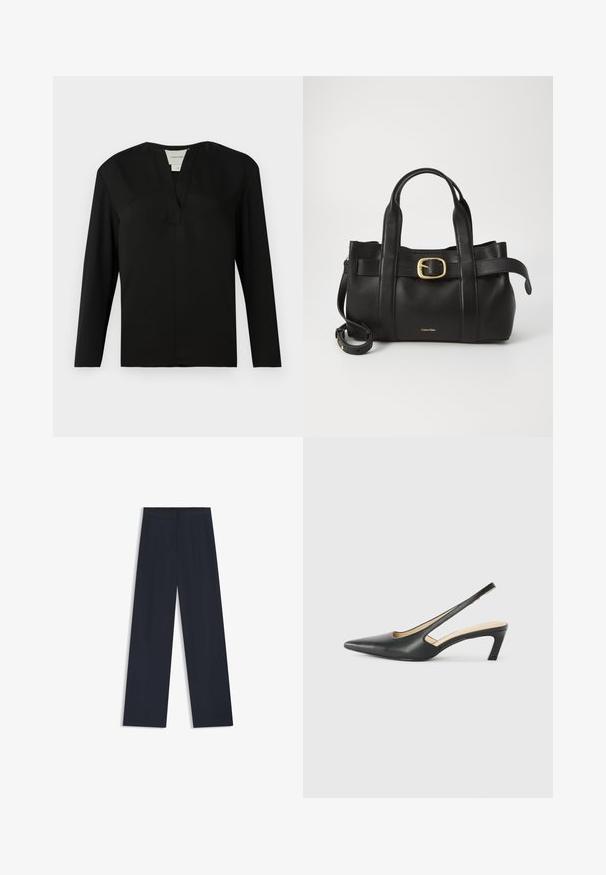 Top lungo nero a maniche lunghe realizzato in un tessuto morbido. Presenta un collo a bardot e un design minimalista con una linea dritta e senza decorazioni.; Pantaloni a gamba larga blu navy con cintura elastica, due tasche laterali e una texture liscia e tessuta. Senza motivi visibili o dettagli in metallo.; Scarpa slingback nera con punta affilata e tacco basso, realizzata in pelle liscia e con un design a taglio laterale per favorire la traspirabilità.; Borsa a mano in pelle nera con un design strutturato, doppie maniglie superiori, accentuazione in metallo dorato e logo del marchio in rilievo sul davanti.