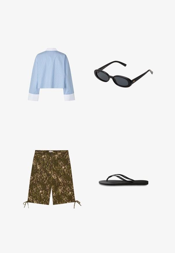 Camisa azul recortada con rayas verticales, que presenta un collar y puños blancos. El tejido parece suave con una textura agradable.; Bermudas con patrón de camuflaje en tonos de verde y marrón, fabricadas en un material ligero, con bolsillos laterales y lazos ajustables en el dobladillo.; Chanclas negras con suela de goma texturizada, dos tiras delgadas y un sutil detalle de logo en relieve en la tira.; Gafas de sol grandes de color negro con lentes ovalados, montura de plástico suave y detalles dorados en las patillas. Los lentes oscuros ofrecen protección solar.