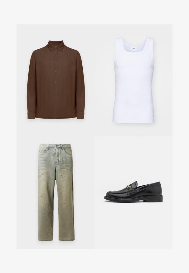 Long-sleeve brown button-up shirt with collar and cuffs, displayed flat against a white background.; White cotton sleeveless tank top with a round neckline, featuring a smooth texture and a fitting shape, designed for casual wear.; Distressed denim jeans in light green, featuring a straight leg, five-pocket design, and uneven fading with paint splatters.; Black leather loafers with a rounded toe, featuring gold hardware accent and stitching detail, set on a low, textured rubber sole.
