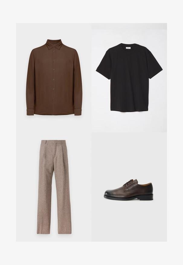 Brązowa koszula z długim rękawem, zapinana na guziki, z kołnierzykiem i mankietami, wyeksponowana na płaskiej powierzchni na białym tle.; Czarna bawełniana koszulka z okrągłym dekoltem, krótkimi rękawami i luźnym krojem. Prosty fason, gładka tekstura, brak widocznych wzorów lub logo.; Brązowe, wysokiej talii spodnie wykonane z teksturowanej tkaniny. Posiadają szerokie nogawki i dwa przednie zakładki dla lepszej struktury. Starannie wykończone, bez widocznych elementów metalowych.; Brązowy skórzany but z zaokrąglonym noskiem, niskim obcasem, sznurowanym wzorem i gładką fakturą. Posiada minimalne przeszycia i polerowane wykończenie.
