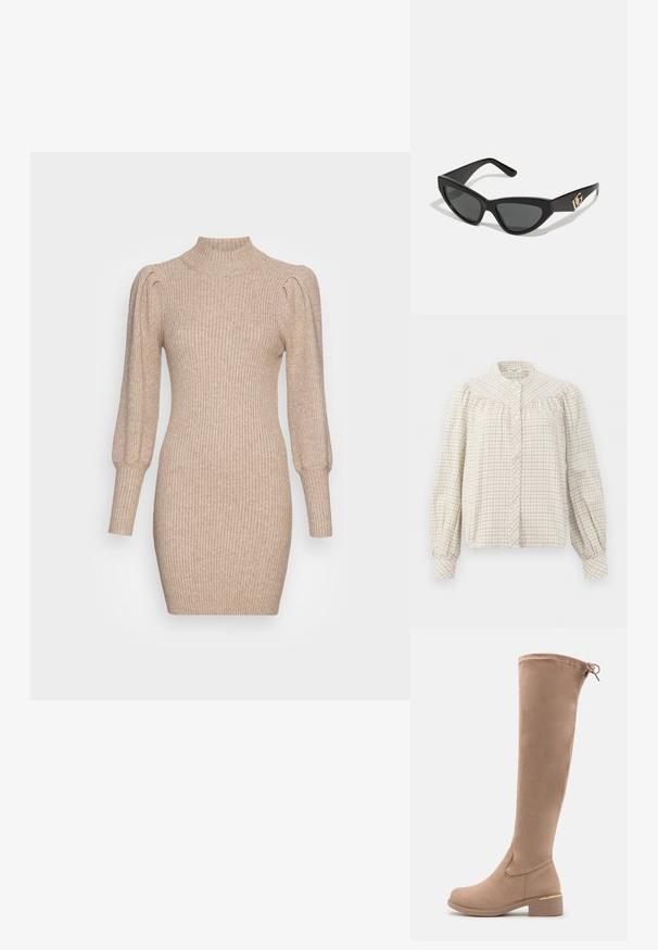 Langermet bluse i kremhvit med rutemønster. Har ståkrage og knapper foran, med rynkete stoff ved skuldrene.; Strikkekjole i beige med ribbet tekstur, høy hals og puffede ermer. Kroppsnær silhuett med kort hemline.; Knehøye beige mokkasinsko med rund tå, blokkhæl og diskret gullakcent på hælen. Glatt tekstur med en tettsittende design.; Kattøye solbriller med ramme i matt svart plast, mørke linser og en gull logoaccent på stangen. Vinklet design og jevn tekstur.; Michael Kors håndleddsveske i beige belagt kanvas med et gjentakende MK-logo mønster, gullfarget maskinvare og en avtakbar kjede-rem.
