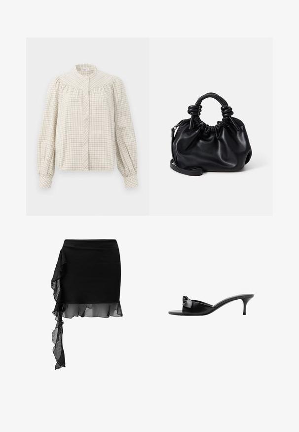 Blouse à manches longues couleur crème avec un motif à carreaux. Présente un col mandarin et une fermeture par boutons, avec un tissu froncé aux épaules.; Jupe noire avec un design ajusté, présentant un détail de volants transparents drapés de manière asymétrique de la taille à l'ourlet. Texture lisse.; Mules noirs en cuir à enfiler avec un accent nœud, ouvertes à l'avant et à talon haut fin. Texture lisse et design minimaliste.; Sac à main en cuir noir avec un design froncé, des poignées courtes et arrondies, et une bandoulière détachable. Texture lisse avec une silhouette douce.