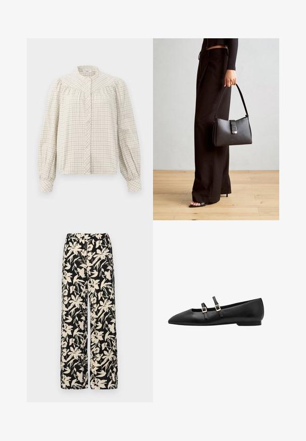 Bluzica s dugim rukavima u krem boji s uzorkom rešetke. Ima mandarinski ovratnik i zatvaranje na dugmad, s naboranom tkaninom na ramenima.; Crne široke hlače s kremastim cvjetnim uzorkom. Izrađene od lagane tkanine, sa glatkom teksturom i visokim pojasom.; Crne kožne ravne cipele s oštrim vrhom, koje imaju dvije crne trake i zlatne kvadratne kopče. Glatka tekstura i niska potplat.; Crna torba s oblikom koji sadrži strukturu, glađu teksturu i metalnu kopču. Uparena s širokim crnim hlačama i sandalama na otvorenom s drvenog poda.