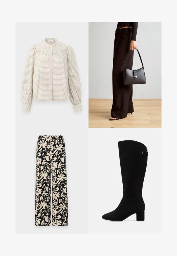 Bluzica s dugim rukavima u krem boji s uzorkom rešetke. Ima mandarinski ovratnik i zatvaranje na dugmad, s naboranom tkaninom na ramenima.; Crne široke hlače s kremastim cvjetnim uzorkom. Izrađene od lagane tkanine, sa glatkom teksturom i visokim pojasom.; Crne suknje na koljenima od antilopa s špicastim vrhom i blok petom. Imaju glatku teksturu i jednostavan dizajn, s naglaskom na bočnu traku.; Crna torba s oblikom koji sadrži strukturu, glađu teksturu i metalnu kopču. Uparena s širokim crnim hlačama i sandalama na otvorenom s drvenog poda.