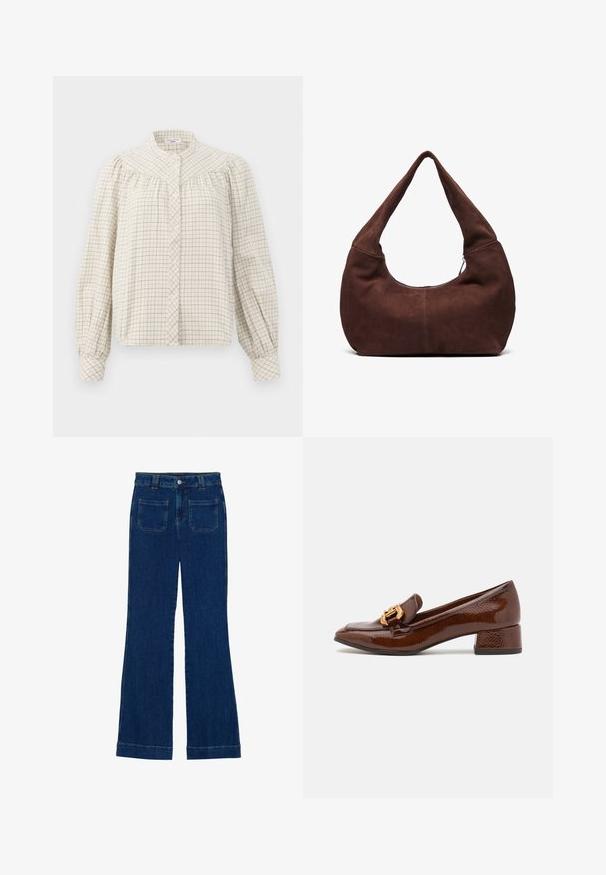 Kreemjas pika varrukaga pluus ruudulise mustriga. Omab mandariini kaelust ja nööpide sulgemist, koos kätel kogutud kangaga.; Tumedat sinised flared teksad, millel on sile tekstuur, viie tasku disain ja nupuga kinnitamine vööl.; Pruunid nahast loafersid läikiva viimistlusega, esiosal dekoratiivne kuldne pannal ja madal plokk konts. Klassikaline disain.; Pruuni nahkhiirekott, millega on kaasas kumer ja lai käepide ning suur avaus. Pehme tekstuuriga, mille servadel on nähtavad õmblustähed.