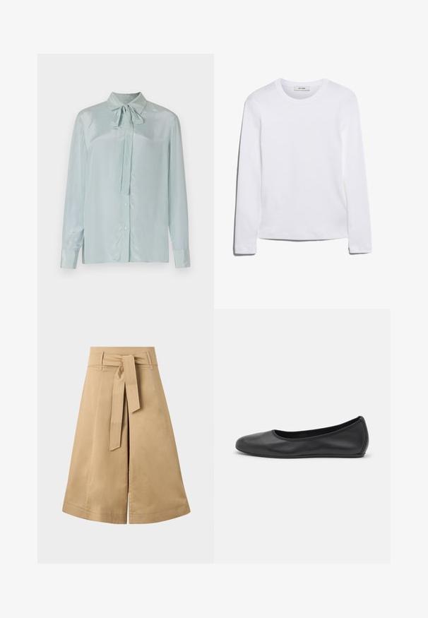 Jasnoniebieska satynowa bluzka z kołnierzykiem i związanym detalem w postaci kokardy. Posiada długie rękawy z zapięciem na guziki oraz zapięcie na guziki z przodu.; Biała koszulka z długim rękawem wykonana z prążkowanej bawełny, z okrągłym dekoltem i prostym dołem. Prosty design bez wzorów i akcentów.; Khaki midi spódnica w stylu wrap z paskiem do przewiązania, wykonana z lekkiej bawełny, z rozszerzanym fasonem i widocznymi detalami szycia.; Czarne skórzane baletki z zaokrąglonym noskiem, gładką fakturą, minimalnymi przeszyciami i elastycznym designem podeszwy.