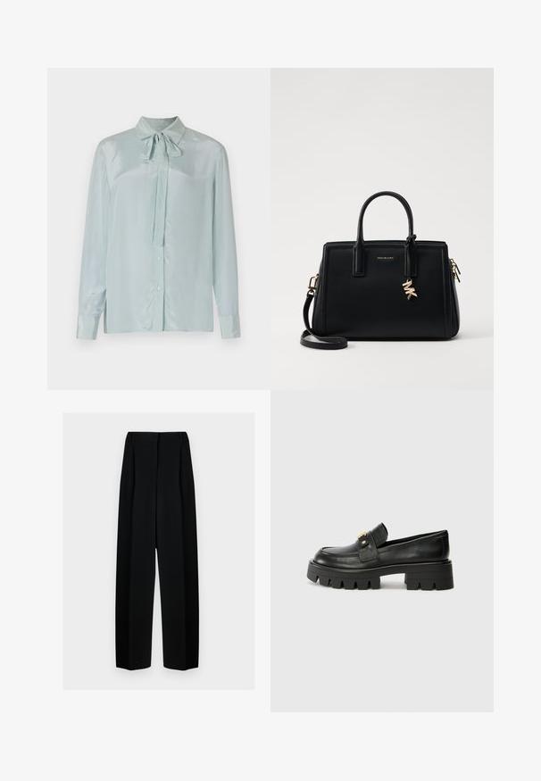 Hele sinine satiinist pluus krae ja lipsuga detailiga. Omab pikki varrukaid nupuga mansettidega ja nupupaneelist eest.; Mustad laiad püksid kõrge vöökohtaga, millel on voldid ja sujuv tekstuur. Kanga välimus on kerge ja see ripub elegantselt.; Mustast nahkfrontaalid, millel on paks tald, esiosas kullatooni aksent ja sile viimistlus. Talse paksu mustriga disain.; Musta nahast käekott struktureeritud disainiga, kahekordsete ülemiste käepidemetega, eemaldatav õlavööt, kuldne riistvara ja logotäht aktsent.