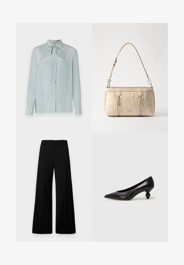 Lichtblauwe satijnen blouse met een kraag en een gestrikt strikdetail. Heeft lange mouwen met knoopsluiting en een knoopsluiting aan de voorkant.; Zwarte wijde broek van een gladde stof, met een gestructureerde tailleband en voorplooien. Minimalistisch ontwerp zonder zichtbare hardware.; Zwarte leren hoge hak schoen met een spitse neus en een ronde, bolle hak. Gladde textuur met een elegant, minimalistisch ontwerp.; Beige leren handtas met zilveren hardware, twee zijritsen, gestructureerd ontwerp en een afneembare schouderband voor veelzijdigheid.