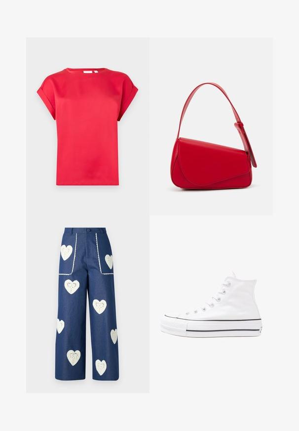 Rotes T-Shirt mit kurzen Ärmeln aus glattem Material, rundem Halsausschnitt und umgeschlagenen Ärmeln. Es hat einen lässigen Schnitt und zeigt keine sichtbaren Muster.; Sister Jane HEART TO HEART - Jeans Straight Leg - blue denim; Weiße hochwertige Leinensneaker mit schwarzer Gummisohle, vorderem Gummizehenschutz und sechs Ösen für Schnürsenkel, die ein sauberes, minimalistisches Design aufweisen.; Rote Lederhandtasche mit einem kantigen, geometrischen Design. Verfügt über einen verstellbaren Schulterriemen und einen Klappenverschluss mit genähten Details.
