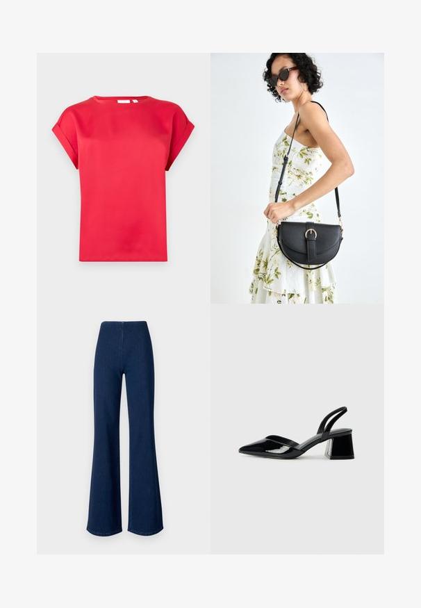 Red short-sleeve t-shirt made of smooth material with a round neckline and rolled cuffs, featuring a relaxed fit and no visible patterns.; Dark blue flared jeans made of denim with an elastic waistband. Features a smooth texture and wide leg design extending to the hem.; Black patent leather slingback heels with a pointed toe and a geometric block heel. Features a sleek, minimal design and smooth texture.; Black leather handbag with a curved shape, detachable strap, and gold hardware. The bag features a flap with a buckle detail.