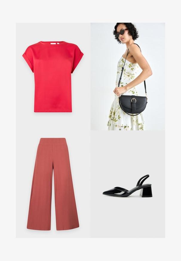 Maglietta rossa a maniche corte realizzata in materiale liscio, con scollatura rotonda e maniche arrotolate, caratterizzata da una vestibilità comoda e senza motivi visibili.; Pantaloni a gamba larga di colore ruggine, realizzati in tessuto strutturato con costine verticali. Presentano una vita alta ed elastica.; Décolleté in vernice nera con punta affusolata e tacco in geometria cubica. Presentano un design elegante e minimalista, con una texture liscia.; Borsa a tracolla nera in pelle con una forma curva, manico rimovibile e accessori dorati. La borsa presenta una patta con un dettaglio a fibbia.