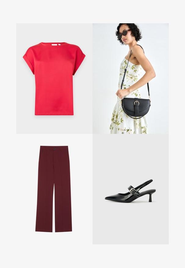 Maglietta rossa a maniche corte realizzata in materiale liscio, con scollatura rotonda e maniche arrotolate, caratterizzata da una vestibilità comoda e senza motivi visibili.; Pantaloni bordeaux con un design a gamba larga, dotati di chiusura con bottone, due tasche laterali e dettagli plissettati sul fronte. Tessuto dalla consistenza liscia.; Décolleté neri in vernice con punta affilata e tacco a blocco piccolo, dotati di un accentuato con fibbia argentata sulla cinturino.; Borsa a tracolla nera in pelle con una forma curva, manico rimovibile e accessori dorati. La borsa presenta una patta con un dettaglio a fibbia.