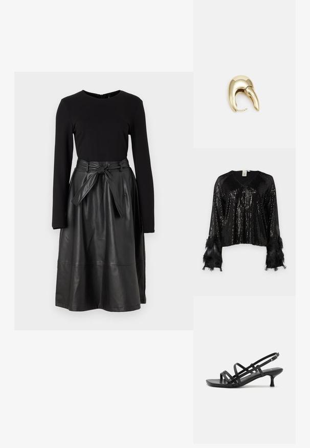 Must mustriga V-kaelusega must see, millel on pikad varrukad mustade franjadega, tekstureeritud sädelused katavad keha ja lühike lõige.; Must have pikka mustade pikade varrukatega top ja must faux nahast seelik, millel on sidumisvöö ja sile, läikiv tekstuur.; Mustad musta kandaga sandaalid, millel on mitmed risti minevad rihmad. Sile materjal, terav nina ja kitsas konts. Reguleeritav pahkluuri rihm klambriga.; Kuldtooni metallist kõrvarõngas, millel on elegantne ja kaarjas disain. Omab silmapaistvat teravat kuju, poleeritud pinda ja hingesulgemist.