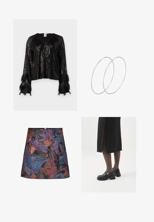 Musta paljeteilla vuorattu paita, jossa on V-mallinen kaula-aukko, pitkät hihat joissa on mustia fringejä, teksturoidut paljetit peittävät vartaloa, ja paita on lyhennetty.; Metallinen minihame, jossa on teksturoitu kuvio eläväisissä purppuran ja pronssin sävyissä, mustalla pohjalla ja koristepainikkeilla vyötäröllä.; Mustat nahkakengät pyöreällä kärjellä, paksulla lohkopohjalla ja joustavilla sivuakkesseilla, yhdistettynä tummiin sukkahousuihin ja mustaan hameeseen, jossa on halkio.; Hopehope hopeilla, joissa on minimalistinen muotoilu. Pyöreä muoto, sileä pinta ja ohut profiili. Kevyet ja kiillotetut.