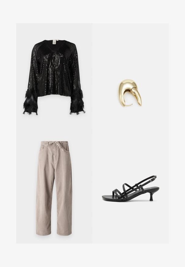Czarny top z cekinami o dekolcie w kształcie V, z długimi rękawami ozdobionymi czarnymi frędzlami, z fakturowanymi cekinami pokrywającymi ciało i skróconym fasonem.; Beżowe spodnie w chód kordurowym o luźnym kroju, z elastycznym ściągaczem w pasie, dwoma przednimi kieszeniami i pionowym prążkowanym wzorem.; Czarne sandały na obcasie z wieloma krzyżującymi się paskami. Gładki materiał, szpiczasty czubek i wąski obcas. Regulowany pasek wokół kostki z klamrą.; Złote metalowe kolczyki o eleganckim, zakrzywionym kształcie. Posiadają charakterystyczny szpiczasty kształt, polerowaną powierzchnię oraz zapięcie na zawias.