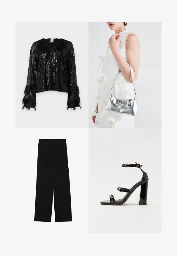 Top negro con lentejuelas, de escote en V, mangas largas acentuadas con flecos negros, lentejuelas texturizadas cubriendo el cuerpo y un ajuste corto.; Pantalones de pierna ancha negros con una cintura con volantes, que cuentan con dos bolsillos laterales y una tela suave y ligera. Sin patrones visibles ni accesorios.; Sandalias de tacón de charol negro con punta cuadrada, correas en el tobillo y hebillas plateadas. Presentan un tacón grueso para mayor estabilidad.; Bolso de mano metálico plateado con forma estructurada, que presenta un asa superior y un detalle de lazo en el frente. Textura suave y acabado reflectante.