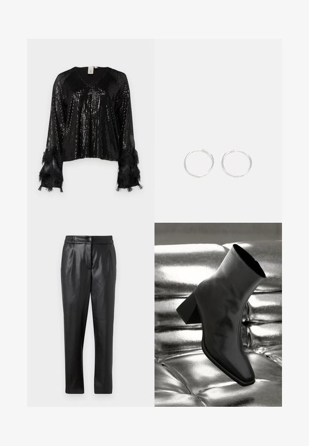Črn bleščičast top z V-izrezom, dolgimi rokavi, okrašenimi s črnimi resicami, teksturirani bleščice pokrivajo telo in ima obrezan kroj.; Črne usnjene hlače z gladko teksturo, ravnim krojem, elastičnim pasom in sprednjim gumbom; nagubani detajli in zoženi nogi.; Črne gležnjarje iz sijočega materiala s kvadratnim prstom in zoženim peto, postavljene na sijoče srebrno oblazinjeno ozadje.; Srebrne kroglice z elegantnim, okroglim oblikovanjem, z gladko površino in brez vidnih okrasnih elementov. Premer ni določen.