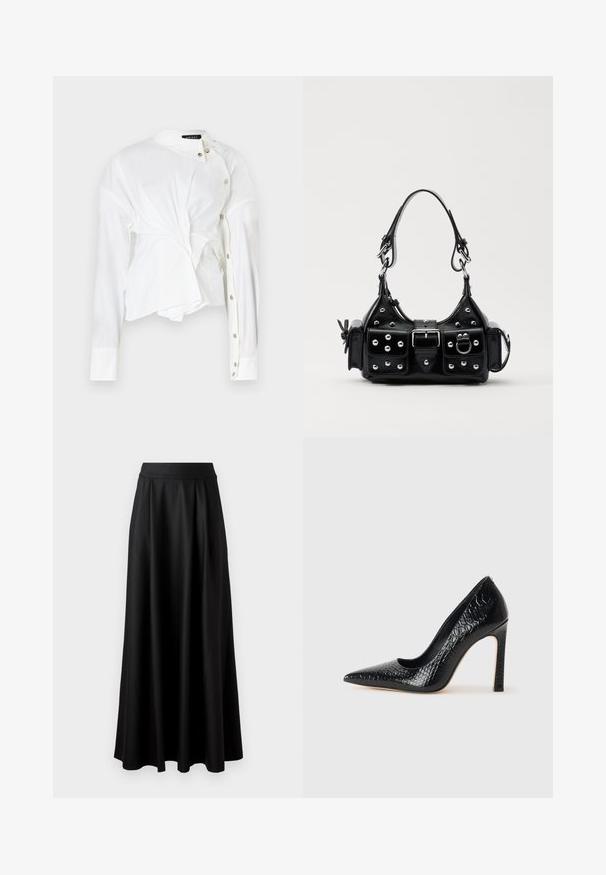 Witte blouse met knoopsluiting gemaakt van katoen. Bevat een unieke gedraaide ontwerp, lange mouwen en een kraag met zilveren knopen aan de voorkant.; Zwarte rok tot op de vloer met een gladde textuur, brede tailleband en geplooid ontwerp, zonder zichtbare patronen of versieringen.; Zwarte puntige hoge hak schoen met een krokodillenleren textuur, met een slank ontwerp, hoge stiletto-hak, en een gladde zwarte binnenkant.; Zwarte lederen handtas met een gebogen ontwerp, voorzien van zilveren studs, een gesp en twee zijvakken. Verstelbare schouderband voor verschillende draagmogelijkheden.