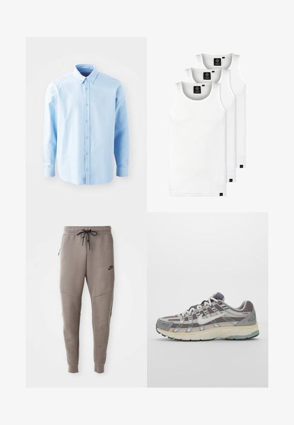 Jasnoniebieska koszula z długim rękawem, zapinana na guziki, z wywijanym kołnierzykiem i małym logo na piersi. Wykonana z miękkiej bawełny.; Trzy białe prążkowane koszulki na ramiączkach wykonane z bawełny. Posiadają okrągły dekolt i małe czarne metki blisko dolnego brzegu. Dostępne w różnych rozmiarach.; Szare dresy Nike z elastycznym pasem ze sznurkowym zapięciem, zwężanymi nogawkami, bocznymi kieszeniami i wyraźnymi detalami szwów. Miękka, teksturowana tkanina.; Szare buty sportowe z siateczkowym i zamszowym wierzchem, białymi akcentami, amortyzowaną podeszwą oraz charakterystycznym designem z elementami odblaskowymi.