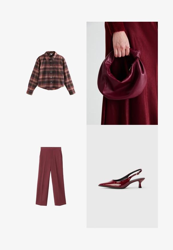 Camicia a quadri tagliata in toni di bordeaux e marrone, con bottone frontale, colletto e taschino sul petto. Tessuto morbido con maniche lunghe.; Pantaloni larghi bordeaux con una texture liscia, caratterizzati da tasche laterali e una vita alta. Rifiniti con una piega frontale pulita.; Décolleté in pelle verniciata bordeaux con punta affusolata e tacco a spillo elegante. Design aperto sul retro con dettaglio della fascia alla caviglia regolabile.; Borsa in pelle bordeaux con un design morbido e arricciato e una forma arrotondata. Il manico è fissato, mostrando una texture liscia.