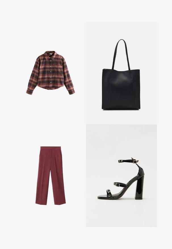 Cropped plaid shirt in shades of burgundy and brown, featuring a button front, collar, and a chest pocket. Soft fabric with long sleeves.; Maroon wide-leg trousers with a smooth texture, featuring side pockets and a high waist design. Tailored with a clean front crease.; Black patent heeled sandals with a square toe, ankle straps, and silver buckles. Features a chunky block heel for stability.; Black leather tote bag with smooth texture, rectangular shape, and two long handles. No visible hardware or embellishments.