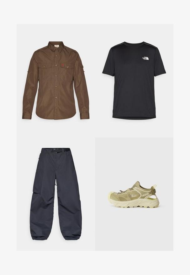 Barna, hosszú ujjú ing, sima textúrájú anyagból készült. Két zsebe van a mellkasán, gombos elülső része, és egy logó található a bal oldalon.; Fekete, rövid ujjú póló, könnyű anyagból készült. Bal mellen egy kis fehér logó található, és finom vállrész kiemelések.; Sötét szürke, puha, tartós anyagból készült cargo nadrág. Széles, laza szabású, több zsebe van, és derékpánttal rendelkezik a beállításhoz.; Hoka futócipő világos olíva zöld színben, lélegző hálós felsőrésszel, párnázott talppal és jellegzetes gumi orral.