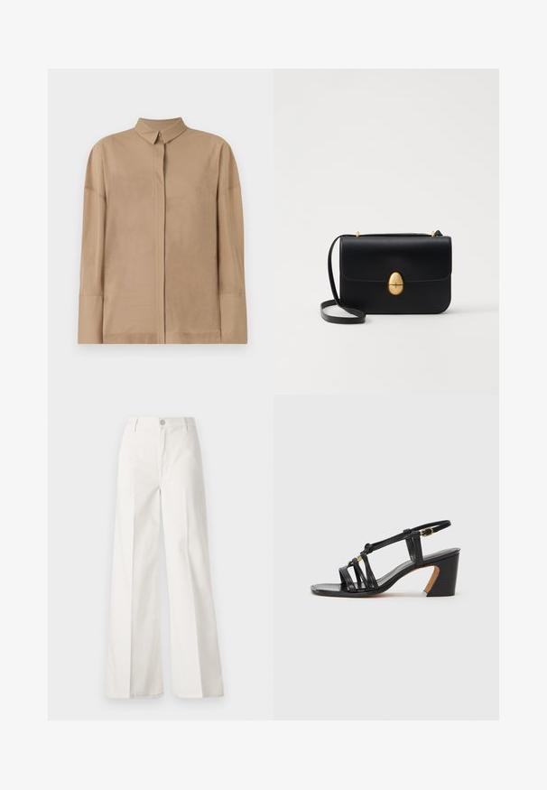 Béžová dlouhá košile s rukávy vyrobená z lehkého materiálu má klasický límeček, skrytou řadu knoflíků a jemné prošívání na rukávech.; Bílé volné kalhoty vyrobené z bavlny s hladkou texturou. Obsahují přední knoflík, zip a design se čtyřmi kapsami.; Paul Smith AMIRA - Klasické lodičky - black; Černá kožená kabelka se strukturovaným obdélníkovým tvarem. Obsahuje zlatou oválnou sponu a tenký ramenní popruh. Hladký povrch.
