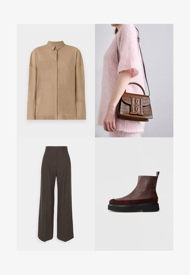 Beige langærmet skjorte i letvægtsstof med klassisk krave, skjult knaplukning og subtile stikninger på ærmerne.; Mørkebrune brede bukser med høj talje, der har pænt pressede folder, glat overflade og en skræddersyet pasform.; Brune læder ankelstøvler med en robust sort platformssål, der har en glat tekstur og en lille strop bagpå for nem påtagning.; Brun håndtaske med krokodillepræg, med et topgreb og skulderrem. Har et fremtrædende logo på frontklaffen. Blød tekstur.
