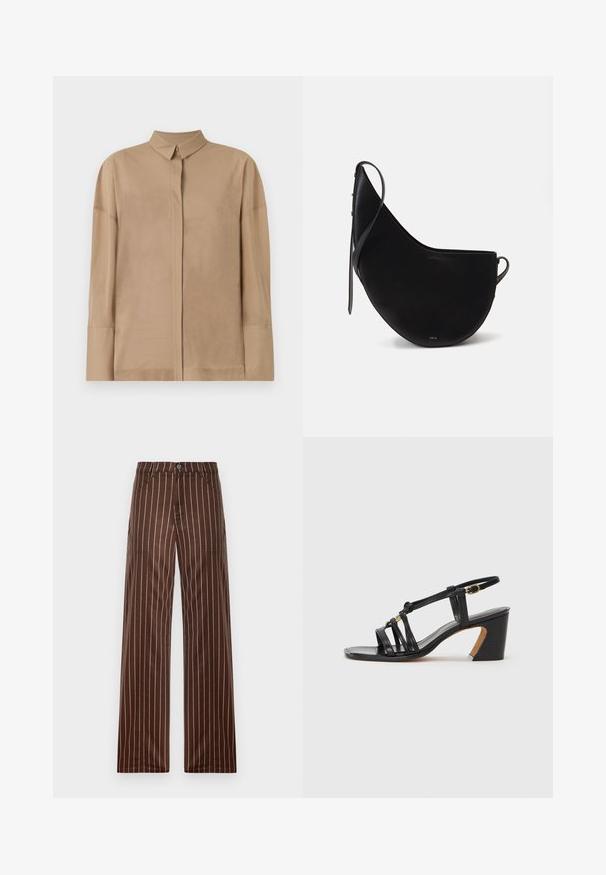 Beige langærmet skjorte i letvægtsstof med klassisk krave, skjult knaplukning og subtile stikninger på ærmerne.; Brune stribede vide bukser lavet af et glat stof, med en knaplukning, to forlommer og lodrette cremefarvede striber.; Paul Smith AMIRA - Pumps - black; Sort læderhåndtaske med en buet måneform, der har en slank rem og subtil guldbranding på forsiden. Glat tekstur med minimal hardware.