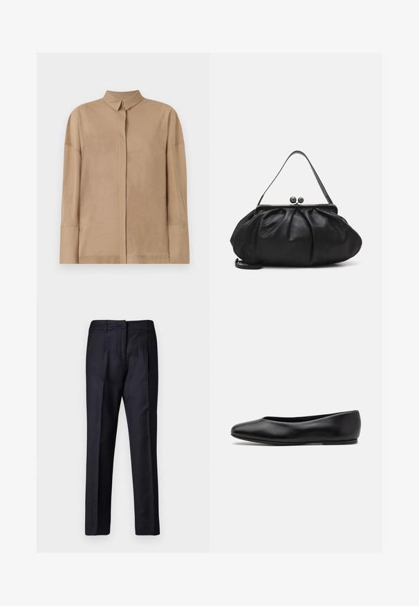 Béžová dlouhá košile s rukávy vyrobená z lehkého materiálu má klasický límeček, skrytou řadu knoflíků a jemné prošívání na rukávech.; Námořnické kalhoty s hladkou texturou, s plochým předním dílem, dvojitými záhyby a poutky na opasek. Rovný střih nohavic, zakončené lemováním.; Paul Smith TOPANGA - Klasické baleríny - black; Černá kožená kabelka s zaobleným, skládáním designem. Obsahuje kovový zavírač se dvěma dekorativními koulemi a tenkým, odnímatelným popruhem.