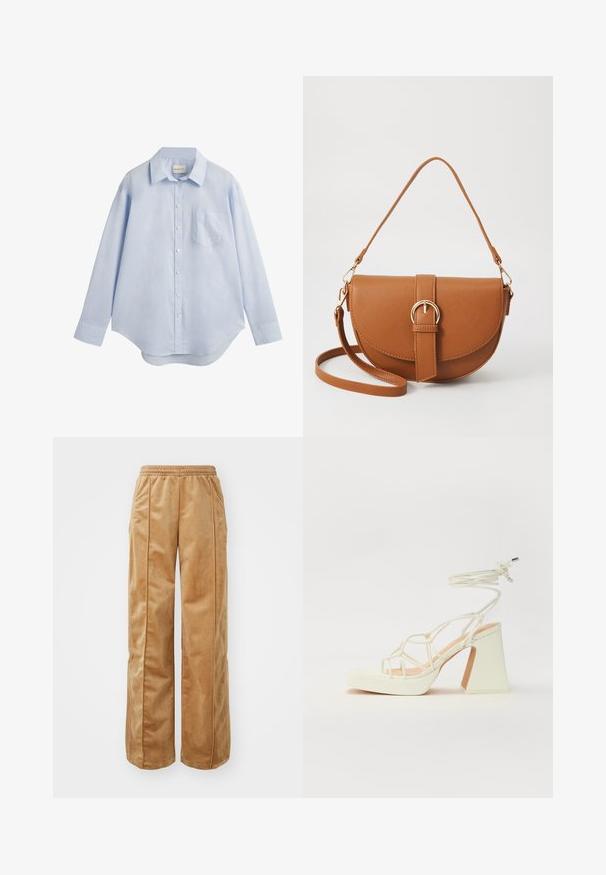 Lichtblauwe langemouw overhemd met knopen van katoen, met een klassieke kraag, een enkele borstzak en een afgeronde zoom.; Tan wijde broek van zacht, fluweelachtig materiaal. Voorzien van een elastische tailleband en verticale naden aan de voorkant voor extra detail.; Witte hoge hakken sandaal met een chunky hak, met een bandjesontwerp en enkelband. Gladde textuur met een plateau voor extra hoogte.; Bruine leren schoudertas met een gebogen vorm, gouden hardware en een gespaccent. Bevat een afneembare schouderriem.