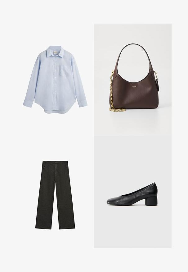 Hellblaues Langarm-Hemd aus Baumwolle mit klassischem Kragen, einer einzelnen Brusttasche und abgerundetem Saum.; Schwarz-weiße, weit geschnittene Jeans mit mittelhohem Bund, zwei Vorderentaschen und einem klaren, minimalistischen Design ohne sichtbare Verzierungen.; Schwarze Lederpumps mit runder Zehenpartie und mittelhohem Blockabsatz. Glatte Textur mit minimalen Details, ausgestattet mit einem dezenten elastischen Einstieg.; COACH BROOKLYN SHOULDER BAG 23 - Handtasche - maple