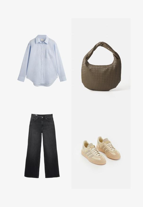 Light blue long-sleeve button-up shirt made of cotton, featuring a classic collar, a single chest pocket, and a curved hemline.; Black wide-leg jeans made of denim. Features a classic five-pocket design, a straight silhouette, and a front button closure.; Light beige sneakers with suede and fabric materials, featuring three gray stripes, textured accents, and a tan rubber sole. Laces are white.; Woven olive green handbag with a rounded shape and a twisted handle. Textured surface features a diagonal pattern. Zipper closure.