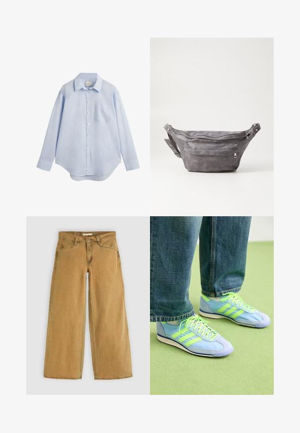 Svijetloplava košulja dugih rukava na kopčanje izrađena od pamuka, s klasičnim ovratnikom, jednim džepom na prsima i zakrivljenim rubom.; Široke smeđe traperice s visokim strukom, koje imaju prednje kopčanje na dugme, pet džepova i blago izblijedjeli izgled.; Svijetloplave atletske tenisice s zelenim akcentima, od svilenih i sintetičkih materijala, s tri pruge i teksturiranim đonom. Uparene s širokim trapericama.; Siva zamšasta torbica preko struka sa zaobljenim oblikom, dva zip zatvorena odjeljka i podesivim remenom. Sadrži metalne naglaske.