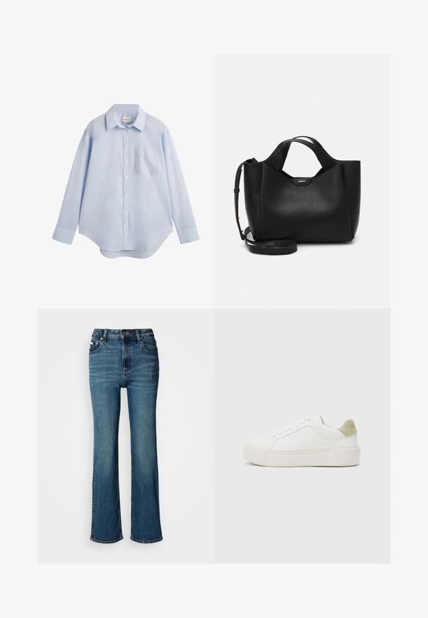 Heledane sinine pika varrukaga nööpidega särk, mis on valmistatud puuvillast. Särgil on klassikaline krae, üks rinnatasku ja kõver serv.; Kõrge vöökohaga sinised teksad, mis on valmistatud denimist, sirge jalaga disain, kerge pleekimine ning tavaline nööp ja tõmblukk.; Valged tennised sileda nahast peals, heledast hallist nahast kanna detailiga ja paksu valge kummitald. Omab sidumisdisaini.; Must musta kott mustadest nahast tekstureeritud pinnaga, nurgeline kuju, kahe käepidemega ja reguleeritava õlašliipiga. Sisaldab DKNY logo aktsenti.